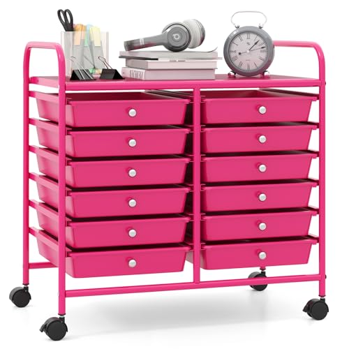 GIANTEX Rollwagen mit 12 stapelbaren Schubladen, Schubladenwagen mit Rollen & Arbeitsplatte, Badrollwagen für Wohnzimmer, Küchen, Schlafzimmer & Büros, 64 x 38 x 62 cm (Rosa) von GIANTEX