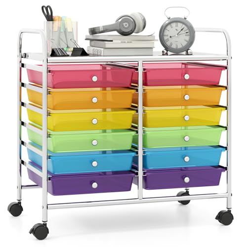 GIANTEX Rollwagen mit 12 stapelbaren Schubladen, Schubladenwagen mit Rollen & Arbeitsplatte, Badrollwagen für Wohnzimmer, Küchen, Schlafzimmer & Büros, 64 x 38 x 62 cm (Transparent Bunt) von GIANTEX