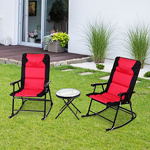 GIANTEX Schaukelstuhl Set klappbar, Balkonmöbel Set 3 teilig mit 1 Couchtisch & 2 Schaukelstühle, Bistro-Set Gartenliege Liegestuhl Outdoor, Balkon Set 2 Personen für Balkon Garten (Rot) von GIANTEX