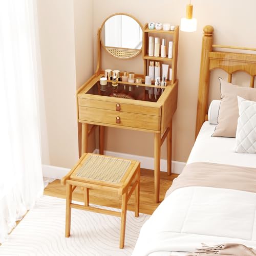 GIANTEX Schminktisch mit 360° drehbarem Spiegel, Kosmetiktisch mit Glas2 Regalen und 2 Schubladen, Schminktisch aus Bambus für Schlafzimmer und Wohnzimmer (mit Hocker) von GIANTEX