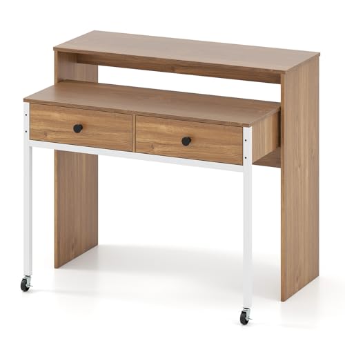 GIANTEX Schreibtisch, Computertisch mit Regal, 4 Schubladen & Rollen, PC Tisch für Home Office & Arbeitszimmer, 100 x 63 x 88 cm (Natur) von GIANTEX