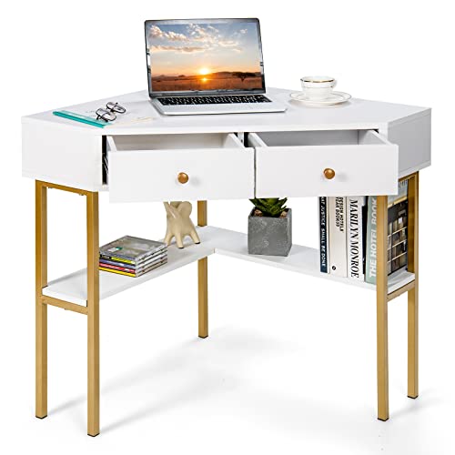 GIANTEX Schreibtisch Eckschreibtisch, Computertisch Laptoptisch mit 2 Schubladen & Ablage, Computerschreibtisch Modern, Winkelschreibtisch Bürotisch Ecktisch Beistelltisch 71x71x75 cm (Weiß) von GIANTEX