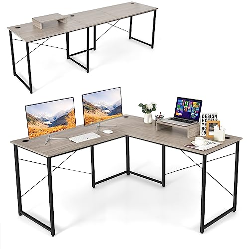GIANTEX Schreibtisch Eckschreibtisch L-Form Computertisch umkehrbar PC-Tisch mit Monitorständer 2 Kombinationen Computerschreibtisch Winkelschreibtisch Bürotisch Ecktisch Gaming-Tisch (Grau) von GIANTEX