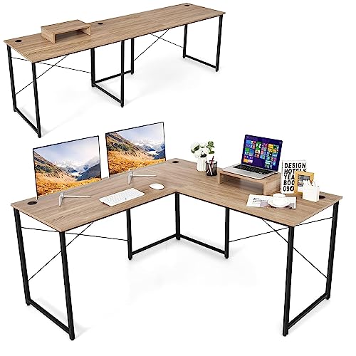 GIANTEX Schreibtisch Eckschreibtisch L-Form Computertisch umkehrbar PC-Tisch mit Monitorständer 2 Kombinationen Computerschreibtisch Winkelschreibtisch Bürotisch Ecktisch Gaming-Tisch (Natur) von GIANTEX