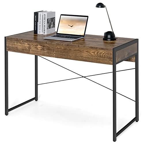 GIANTEX Schreibtisch mit 2 Schubladen, Computertisch Bürotisch mit Metallrahmen, Arbeitstisch Officetisch mit verstellbaren Fußpolstern, 112x48x76 cm von GIANTEX