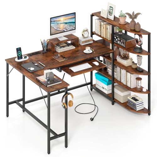 GIANTEX Schreibtisch mit Ladestation, Eckschreibtisch mit Bücherregal, Computertisch Gaming Tisch L Form, Bürotisch PC Ttisch mit Tastaturauszug & Haken, Arbeitstisch Winkelschreibtisch für Büro Braun von GIANTEX