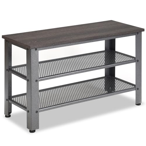 GIANTEX Schuhbank, Schuhregal mit 2 Gitterablagen, Sitzbank mit Stauraum, Schuschrank Industriedesign aus Metall & Holz, Flurbank mit 4 Fußpolster, Lagerregal für Eingang Wohnzimmer, Grau 73x30x45 cm von GIANTEX