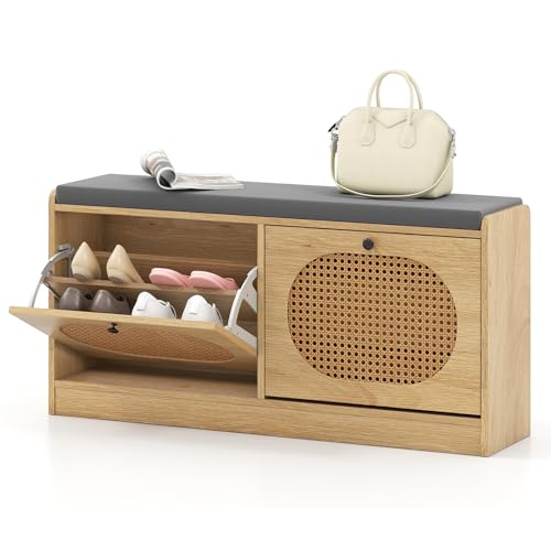 GIANTEX Schuhbank mit Sitzfläche, Schuhschrank schmal mit 4 Ablagen, Sitzbank belastbar bis 120kg, Schuhregal für Flur, 101,5 x 24 x 48 cm von GIANTEX