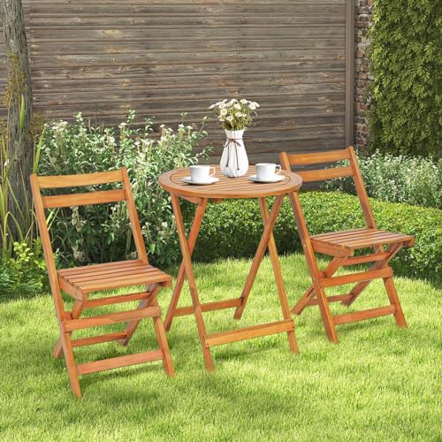 GIANTEX Set aus Tisch und Stühlen, zusammenklappbar, 3-teilig, 1 runder Tisch und 2 Stühle mit Rückenlehne, Gartenmöbel-Set aus Akazienholz, Bistro-Set mit Lattenrost für Innen- und Außenbereich, von GIANTEX