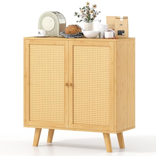 GIANTEX Sideboard aus Bambus, Küchenschrank mit Arbeitsplatte, Buffetschrank Kommode mit 2 Rattantüren, Küchenkommode Buffet Anrichte, freistehender Aufbewahrungsschrank, 80 x 34,5 x 85 cm von GIANTEX