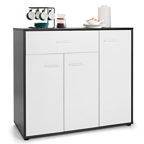 GIANTEX Sideboard mit 3 Türen, 1 Schublade und 2 Schränken mit 2 Etagen mit Türen, 3 Positionen verstellbar, freistehende Kommode für Eingangsbereich, Küche, 89 cm x 40,5 cm x 80 cm, Grau und Weiß von GIANTEX