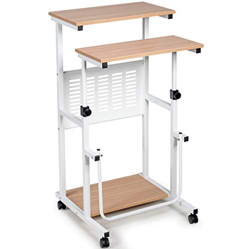 GIANTEX Sitz-Steh 2-in-1 Schreibtisch höhenverstellbar, Computertisch Zeichentisch mit Rollen, Stehschreibtisch 2 separaten Arbeitsstation, PC Tisch Arbeitstisch mit Fußstütze, Neigbarer Laptoptisch von GIANTEX