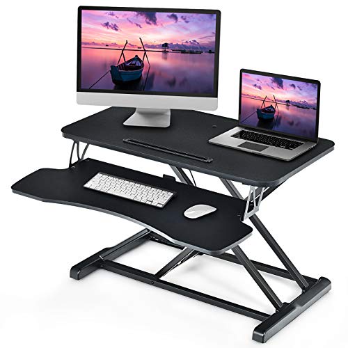 GIANTEX Sitz Steh Computertisch, Höhenverstellbarer Schreibtischaufsatz, Sit-Stand Workstation aus Holz, Schreibtisch Stehpult für Büro Zuhause 80 x 64 x 11-50,5 cm (Schwarz) von GIANTEX