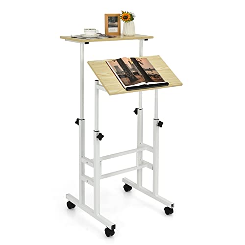 GIANTEX Sitz-Steh Schreibtisch höhenverstellbar, Computertisch Zeichentisch mit Rollen, Mobiler Stehschreibtisch mit 2 separaten Workstation, PC Tisch Arbeitstisch (beige) von GIANTEX