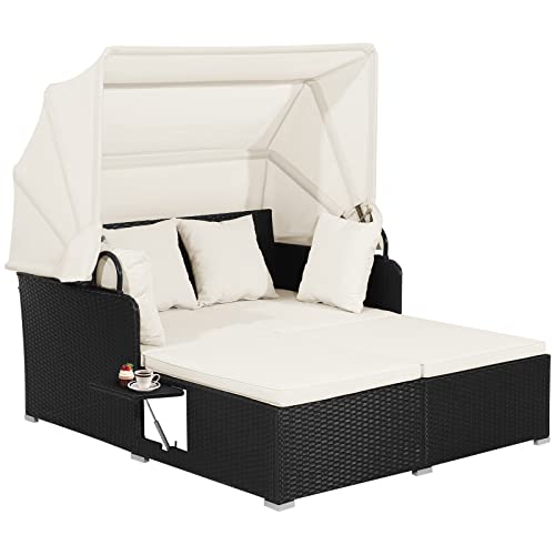 GIANTEX Sonneninsel Sonnenliege 2 Personen, Doppelliege Outdoor Gartenliege mit faltbarem Sonnendach, Liegeinsel mit klappbaren Tablett & Kissen, Gartenlounge Gartenmuschel Daybed Outdoor von GIANTEX