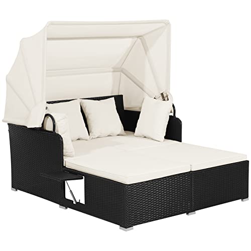 GIANTEX Sonneninsel Sonnenliege Set Rattan, Gartenliege 2 Personen mit faltbarem Sonnendach, Doppelliege Liegeinsel mit klappbaren Tablett & Kissen, Gartenlounge Gartenmuschel Daybed Outdoor von GIANTEX