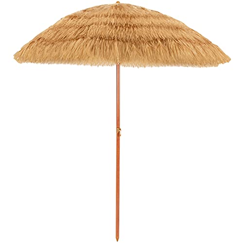 GIANTEX Sonnenschirm Hawaii Ø 200 cm Gartenschirm Balkonschirm knickbar Strandschirm mit Fransen Terrassenschirm mit Verankerung rund Hawaii Schirm beige von GIANTEX