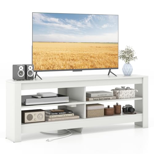 GIANTEX TV-Schrank Eckschrank mit Ladestation, Fernsehschrank Fernsehtisch TV Ständer für TVs bis 65 Zoll, TV Lowboard mit 4 offenen Fächern, TV Kommode Eckkommode Sideboard 140x40x49,5 cm (Weiß) von GIANTEX