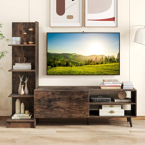 GIANTEX TV Wohnwand Rustikal Braun, Fernsehschrank mit Stauraum, TV-Schrank mit Bücherregal & verstellbarem Regal, TV Ständer für Fernseher bis 50 Zoll, Fernsehtisch TV-Board Sideboard Lowboard Holz von GIANTEX