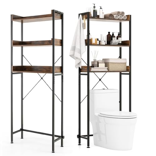 GIANTEX Toilettenregal Waschmaschinenregal 3 Ebenen, Badezimmerregal mit 4 Haken & verstellbaren Füßen, Toilettenschrank Badschrank platzsparend schmal, über dem Waschmaschinenregal, Badregal WC-Regal von GIANTEX