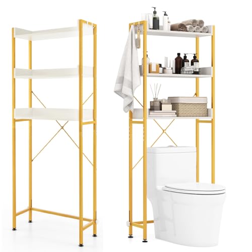 GIANTEX Toilettenregal Waschmaschinenregal 3 Ebenen, Badezimmerregal mit 4 Haken & verstellbaren Füßen, Toilettenschrank Badschrank platzsparend schmal, über dem Waschmaschinenregal, Badregal WC-Regal von GIANTEX