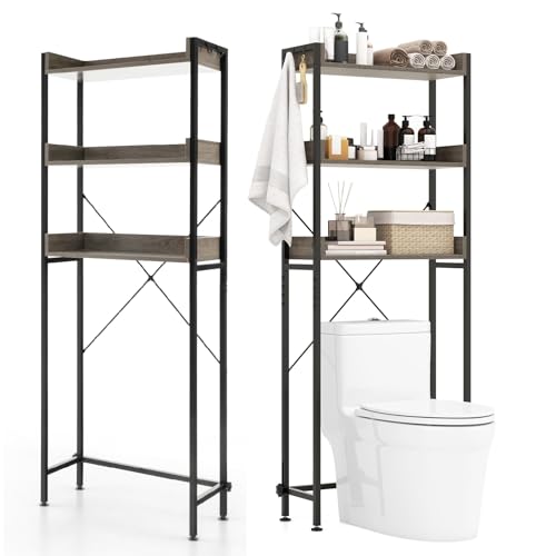 GIANTEX Toilettenregal Waschmaschinenregal 3 Ebenen, Badezimmerregal mit 4 Haken & verstellbaren Füßen, Toilettenschrank Badschrank platzsparend schmal, über dem Waschmaschinenregal, Badregal WC-Regal von GIANTEX