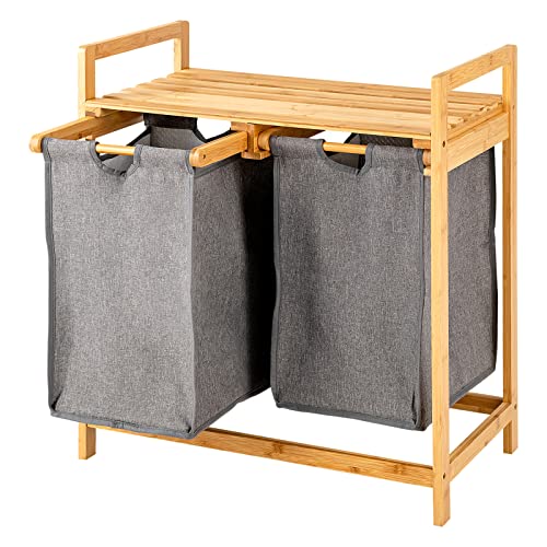 GIANTEX Wäschekorb 2 Fächer, Wäschesammler mit Ablage, Freistendes Baderegal aus Bambus, Wäschetruhe Wäschesortierer für Bad 64 x 33 x 73cm (Grau) von GIANTEX
