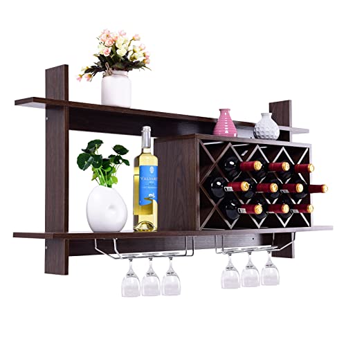 GIANTEX Weinregal mit Weinglashalter, Wandregal Weinflaschen Holz, Weinhalter Weinflaschenhalter hängend, Hängeregal Gläserregal Flaschenregal Hängeweinregal 120x20x59 cm Dunkelbraun von GIANTEX