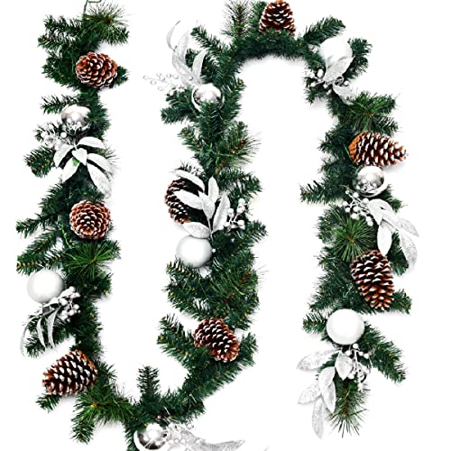 GIANTEX künstliche Weihnachtsgirlande 270cm, Tannengirlande mit LED-Beleuchtung, Dekogirlande Weihnachtsdeko Girlande geschmückt mit Tannenzapfen & Kugeln, Hängende Girlande flexibel einsetzbar von GIANTEX