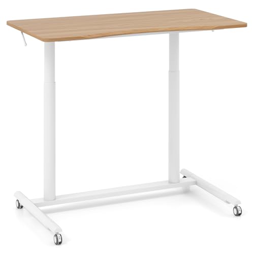 GIANTEX mobiler Stehschreibtisch, höhenverstellbarer Schreibtisch mit verriegelbaren Rädern & Metallrahmen, rollender Laptop-Schreibtisch, C-förmiger Beistelltisch für Home-Office (Natur) von GIANTEX