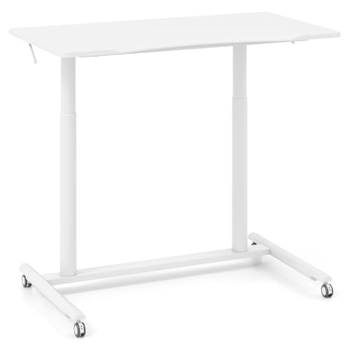 GIANTEX mobiler Stehschreibtisch, höhenverstellbarer Schreibtisch mit verriegelbaren Rädern & Metallrahmen, rollender Laptop-Schreibtisch, C-förmiger Beistelltisch für Home-Office (Weiß) von GIANTEX