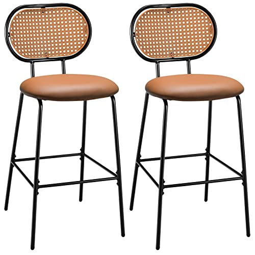 Giantex 2er-Set Barhocker, Esszimmerstühle mit gebogener Rückenlehne, Rattan-Stoff, Barhocker aus Metall für Bar, Bistro von GIANTEX