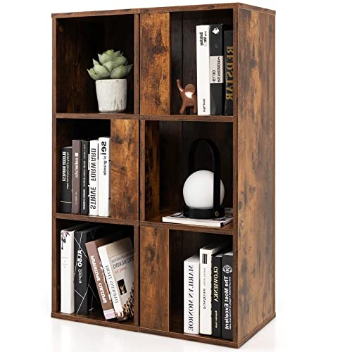 Giantex Bücherregal mit 3 Etagen, Bücherregal mit 6 offenen Fächern und Kippschutzvorrichtung, Industrial-Stil, für Wohnzimmer, Schlafzimmer, rustikales Braun, 2 Stück von Giantex