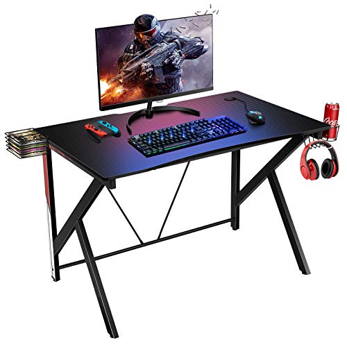 Giantex Gaming-Schreibtisch, 115 x 73 cm, in K-Form mit Helm-Haken, Getränkehalter, CD-Ständer, ergonomischer professioneller Computertisch mit Oberfläche aus Kohlefaser von GIANTEX