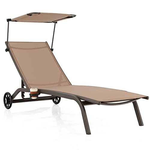 Giantex Liegestuhl mit Sonnenblende, Relaxliege mit Rückenlehne, verstellbar in 6 Positionen, neigbar, mit Rollen und Getränkehalter, für Pool, Garten, Terrasse (Braun) von Giantex