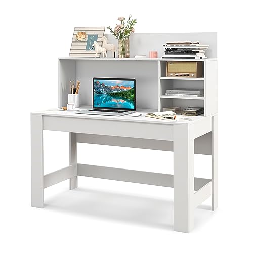 Giantex Multifunktionaler Schreibtisch mit Bücherregal, Schlafzimmertisch mit Organizer und Kabeldurchführung, Computertisch mit Bücherregal, 120 x 54 x 129 cm, Weiß von GIANTEX