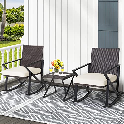 GIANTEX Rattan Schaukelstuhl Set, 3 TLG. Gartenmöbel Set mit 1 Couchtisch & 2 Schaukelstühle, Balkonmöbel Set Balkon 2 Personen, inkl. Kissen, Terrassenmöbel Sitzgarnitur Gartengarnitur Sitzgruppe von GIANTEX