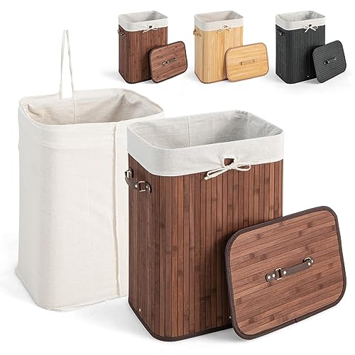 Giantex Wäschekorb, 72 l, rechteckig, faltbar, aus Bambus, mit Deckel, Wäschekorb mit herausnehmbarem Innentaschen & Griff, Wäschekorb für schmutzige Kleidung, Waschküche, Badezimmer (Braun) von GIANTEX