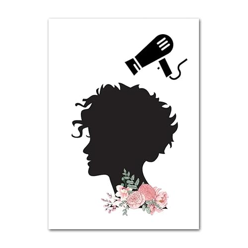 GIBOH Friseur-Haartrockner-Poster, Drucke, Barbershop-Wandkunst, Blumen-Leinwandgemälde, Kopfform-Silhouette, Bilder für Heimdekoration, 40 x 60 cm x 1, ohne Rahmen von GIBOH
