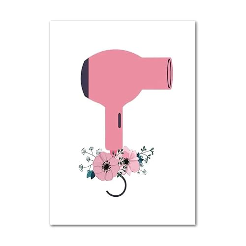 GIBOH Mode-Friseur-Poster, rosa Haartrockner, Drucke, Barbershop-Wandkunst, Blumen-Leinwandgemälde, ästhetische Bilder für Heimdekoration, 40 x 60 cm x 1, ohne Rahmen von GIBOH