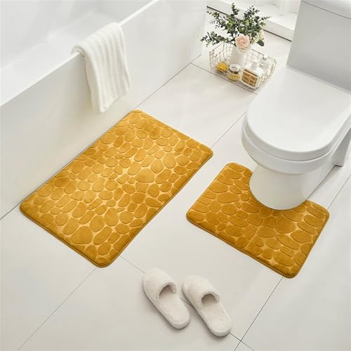 GIBZ Badematte Set 2 Teilig Einfarbig Badezimmerteppiche Korallenvlies Badteppich Saugfähig Weich rutschfest Toilettenmatte Gelb 50 * 80CM+U50*40CM von GIBZ