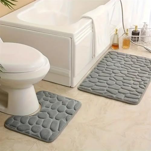 GIBZ Badematte Set 2 Teilig Einfarbig Badezimmerteppiche Korallenvlies Badteppich Saugfähig Weich rutschfest Toilettenmatte Grau 50 * 80CM+U50*40CM von GIBZ