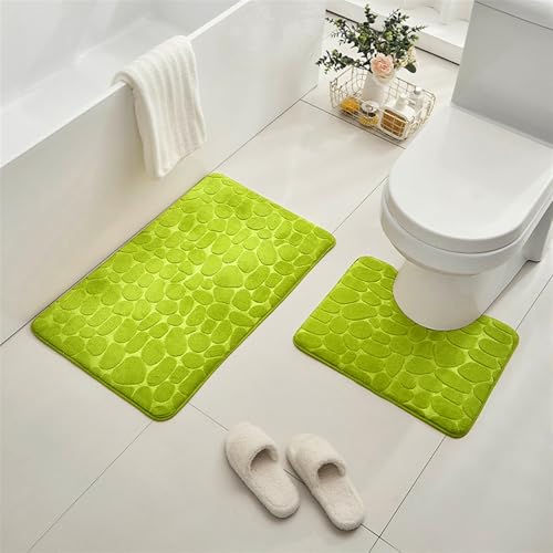GIBZ Badematte Set 2 Teilig Einfarbig Badezimmerteppiche Korallenvlies Badteppich Saugfähig Weich rutschfest Toilettenmatte Grün 40 * 60CM+U40*50CM von GIBZ