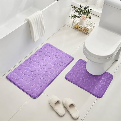 GIBZ Badematte Set 2 Teilig Einfarbig Badezimmerteppiche Korallenvlies Badteppich Saugfähig Weich rutschfest Toilettenmatte Lila 50 * 80CM+U50*40CM von GIBZ