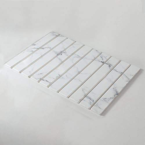 GIBZ Badematte Stein Saugfähige, Badezimmerteppich rutschfest Waschbar, Weich Matte Faltbar für Küche, Dusche, Badezimmer, Weiß Marmor Stil 2, 60 x 39 cm von GIBZ