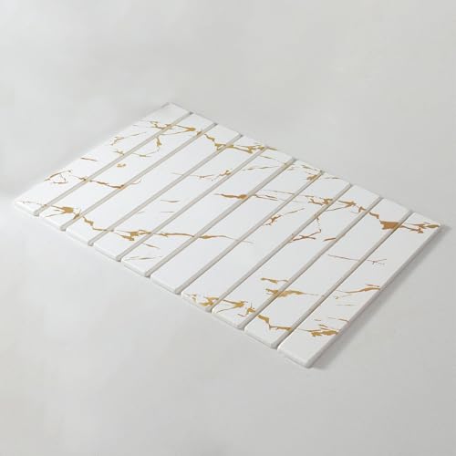 GIBZ Badematte Stein Saugfähige, Badezimmerteppich rutschfest Waschbar, Weich Matte Faltbar für Küche, Dusche, Badezimmer, Weiß Marmor Stil 3, 60 x 39 cm von GIBZ