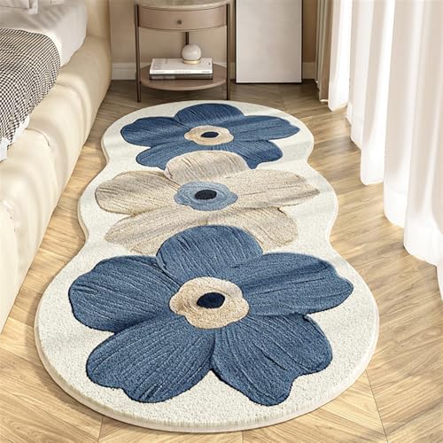 GIBZ Flauschiger Teppich Blumen, Weiche Kurzflor Teppiche Waschbar, rutschfest Matte für Wohnzimmer Schlafzimmer Kinderzimmer, Blau, 50 x 120 cm von GIBZ