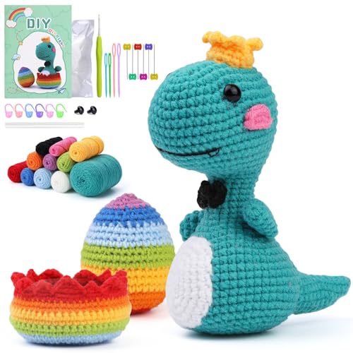 GIBZ Häkelset für Anfänger Erwachsene Kinder, Häkel und Strickset mit Anleitung, Diy Häkelnadeln Set Ergonomische, Handwerkskunst Grünes Dinosaurier-Ei von GIBZ