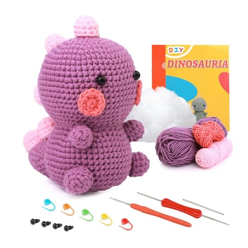 GIBZ Häkelset für Anfänger Erwachsene Kinder, Häkel und Strickset mit Anleitung, Diy Häkelnadeln Set Ergonomische, Handwerkskunst Lila Dinosaurier von GIBZ