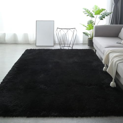GIBZ Hochflor Teppich, Flauschiger Weiche Teppiche Waschbar, Anti-Rutsch Extra Große Carpet Deko für Wohnzimmer Schlafzimmer, Schwarz, 100 x 160 cm GIBZ Hochflor Teppich, Flauschiger Weiche Teppiche Waschbar, Anti-Rutsch Extra Große Carpet Deko für Wohnzimmer Schlafzimmer, Schwarz, 100 x 160 cm von GIBZ